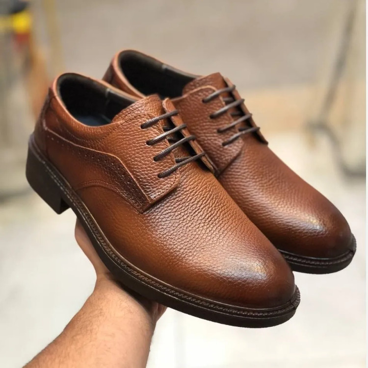 کفش چرم مردانه مدل افسری عسلی با رویه چرم طبیعی گاوی و کفی طبی