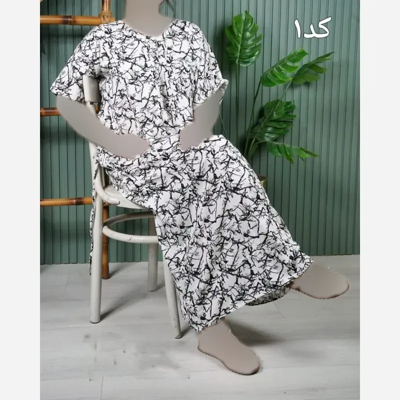 پیراهن نخی آستین کوتاه بلند زنانه فری سایز