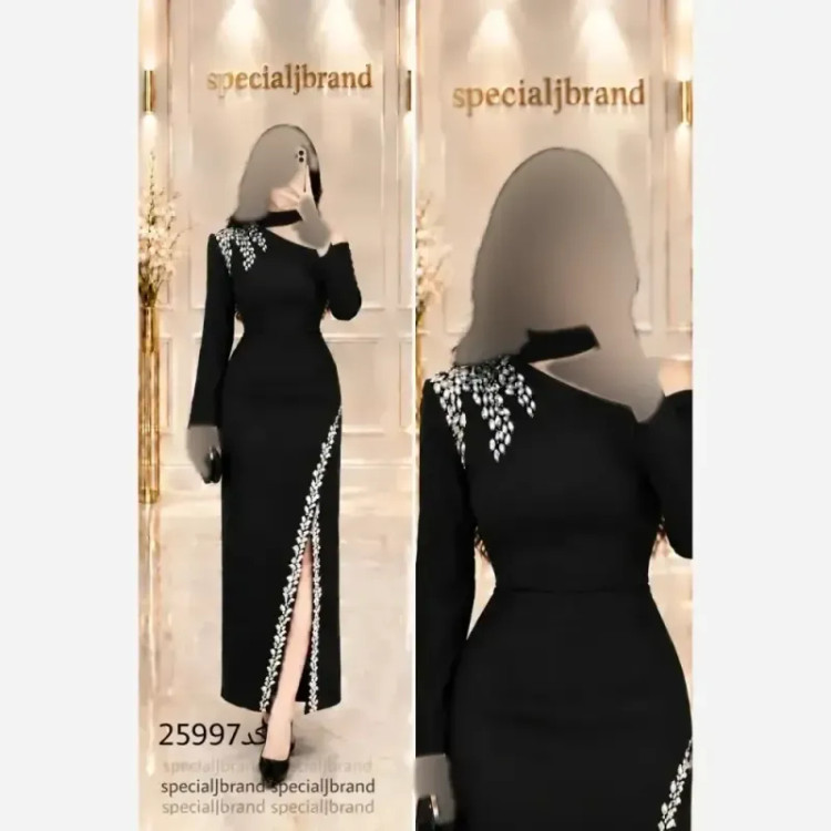 پیراهن مجلسی زنانه میدی مانیسا رنگ مشکی جنس غواصی و سنگدوزی دست سایز 38 تا 48