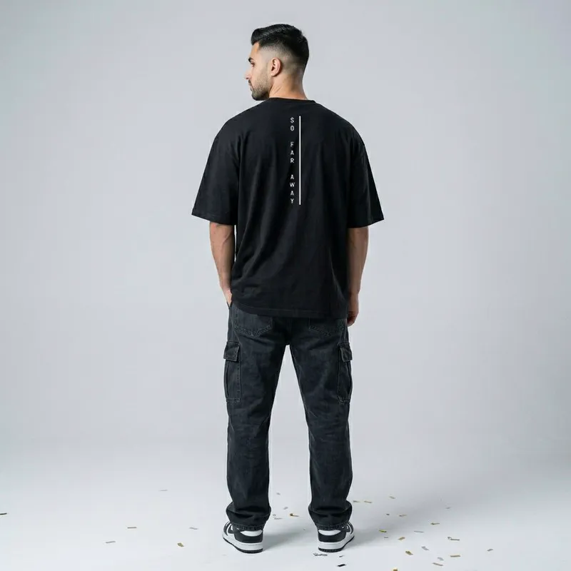 تی شرت مردانه اورسایز پنبه یکرو طرح حروف آستین سه ربع مدل SOO FAR