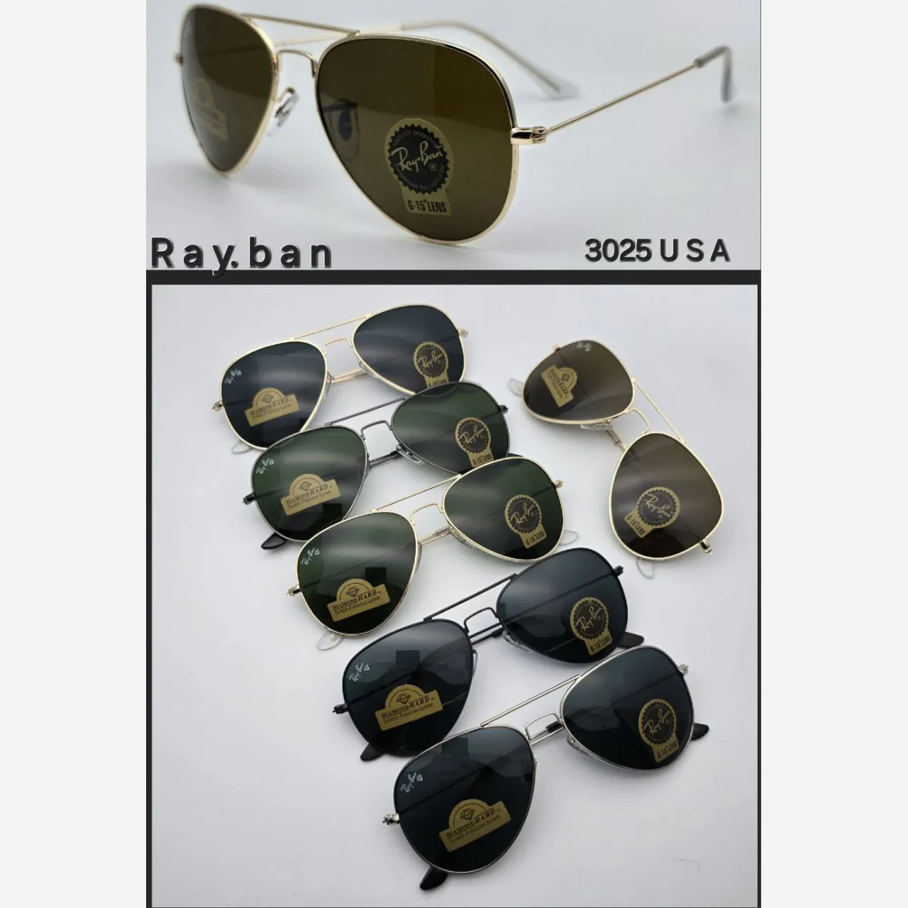 عینک آفتابی ریبن مدل RB3025 خلبانی شیشه سبز G15 فریم طلایی لنز UV