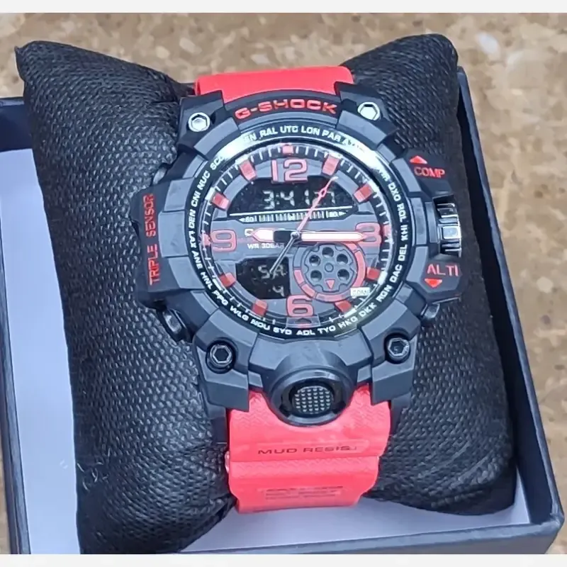 ساعت مچی عقربه ای دیجیتال جی شاک کاسیو دوزمانه صفحه مشکی بند قرمز مدل 5478