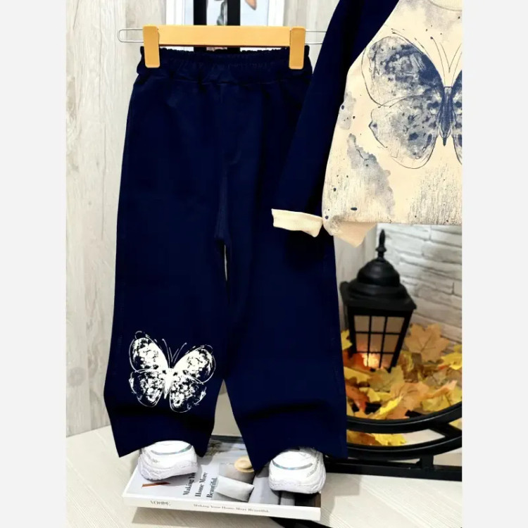 ست بلوز شلوار بگ دخترانه طرح پروانه دورس دو نخ گرم بالا