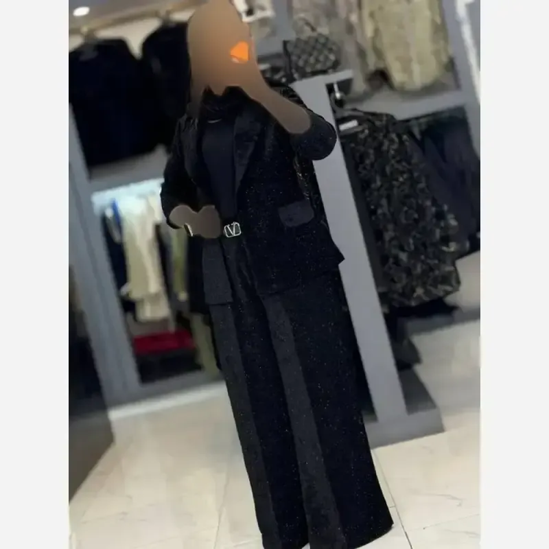 کت شلوار مخمل زنانه یقه انگلیسی نگین دار شلوار فول بگ